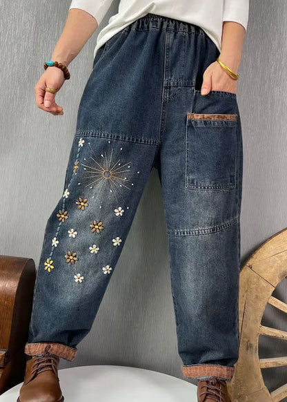 Blue Embroideried Pockets Denim Pants Spring