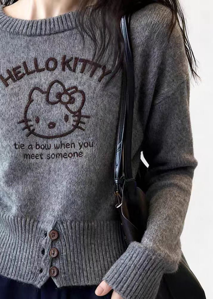 Grey Cartoon Print Cotton Knit Sweater Spring