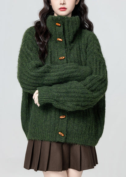 Green Stand Collar Button Cozy Knit Coat Winter