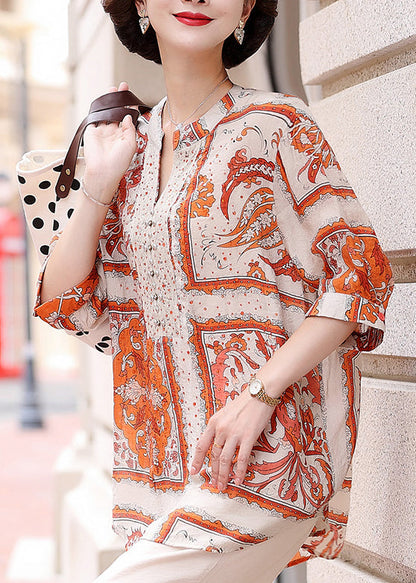 Orange V Neck Print Chiffon Shirt Top Summer