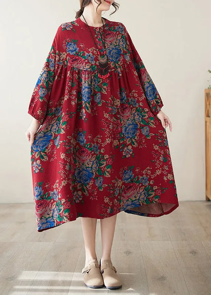 Red O Neck Print Wrinkled Cotton Dress Summer