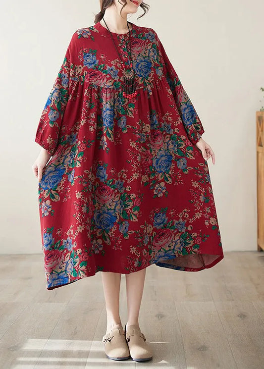 Red O Neck Print Wrinkled Cotton Dress Summer
