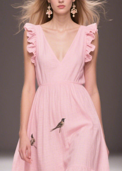 Pink Print Cotton Holiday Dress Butterfly Sleeve