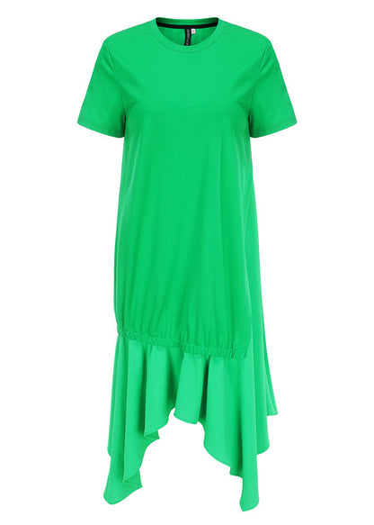 Simple Green O-neck Asymmetrical Design Patchwork Wrinkled Long Dress Short Sleeve