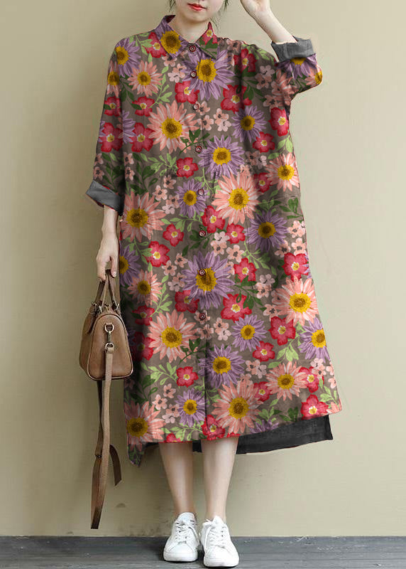Green Flower Linen Shirt Dress Oversize Spring Maxi Dresses