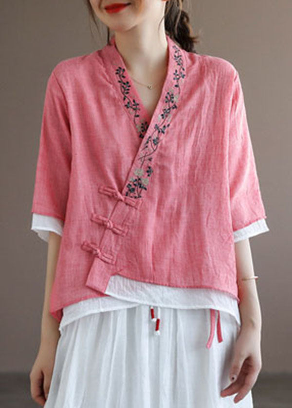 Orange Oriental Embroideried Cotton Blouses Half Sleeve