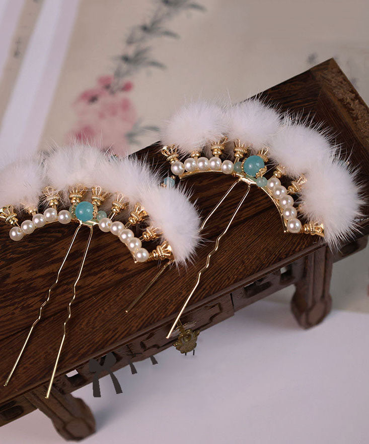 Chinese Style Blue Alloy Pearl Colored Glaze Mink Hair Hairpin Three-piece Set