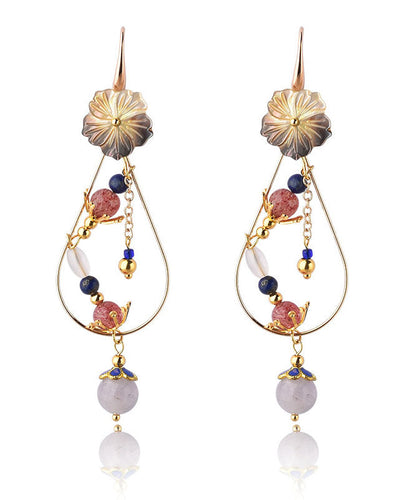Fine Purple Crystal Shellfish Flower 14k Gold Hollow Out Drop Earrings