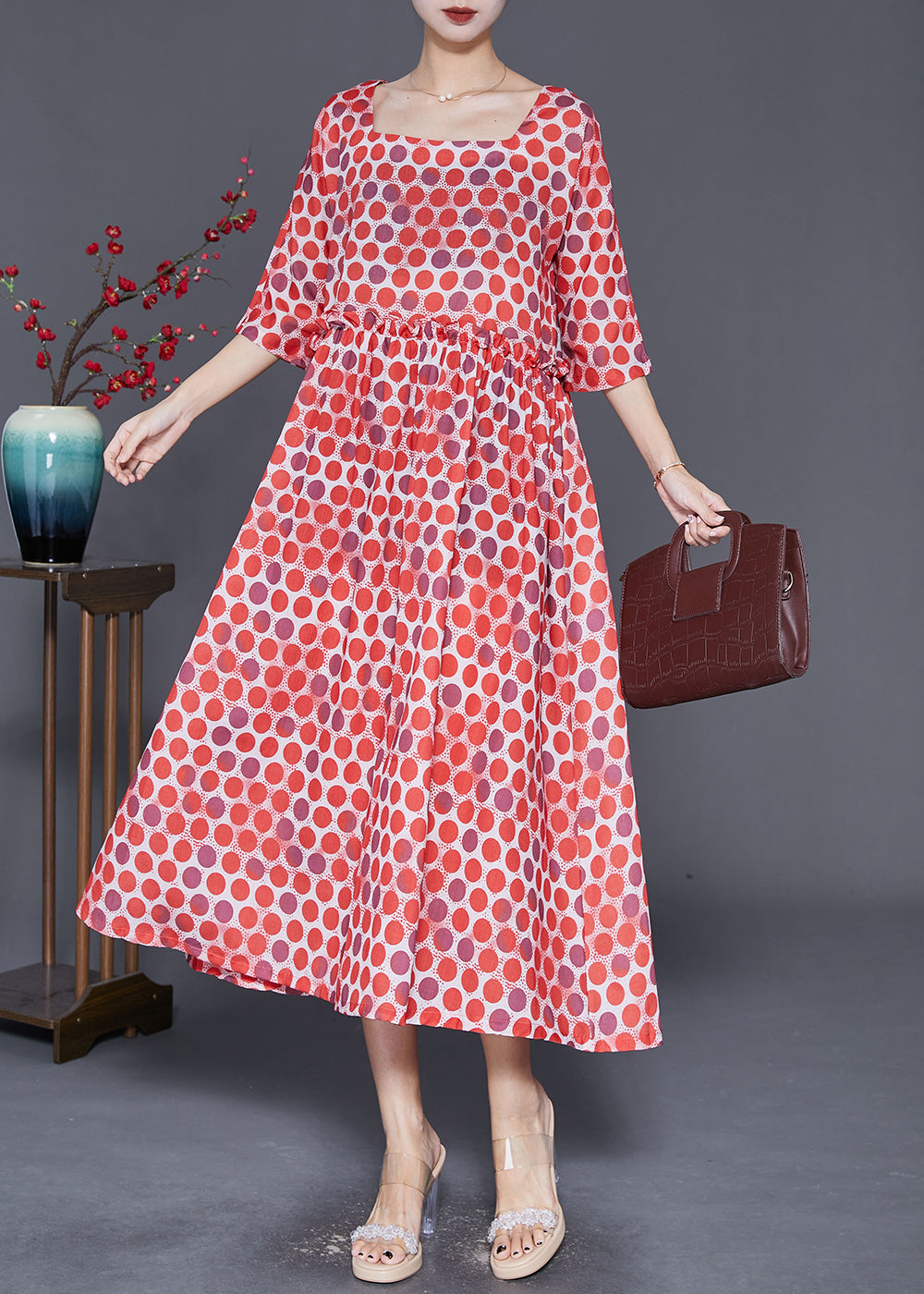 Red Square Collar Ruffled Print Robe Dresses Half Sleeve