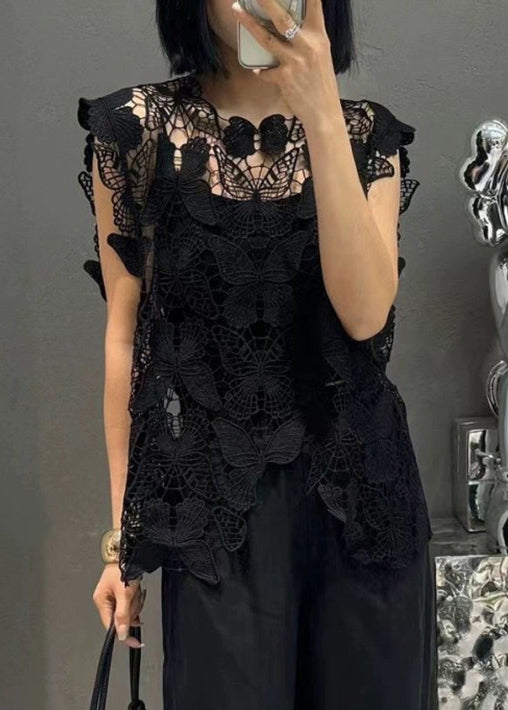 Rose Butterfly Hollow Out Lace Tops Sleeveless