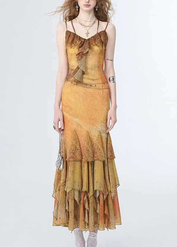 Beach Yellow Patchwork Maxi Spaghetti Strap Dresses Sleeveless