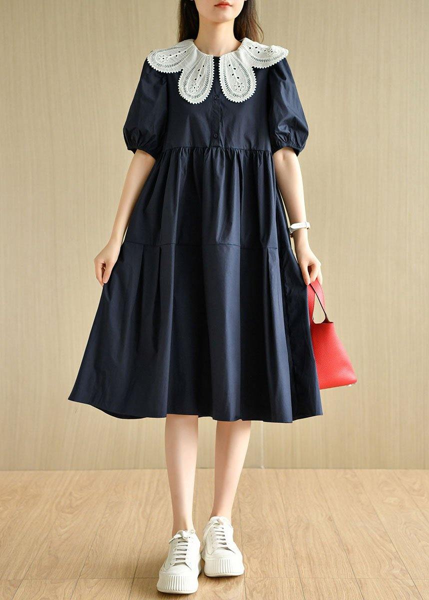 Navy Peter Pan Collar Patchwork Summer Cotton Dresses Short Sleeve