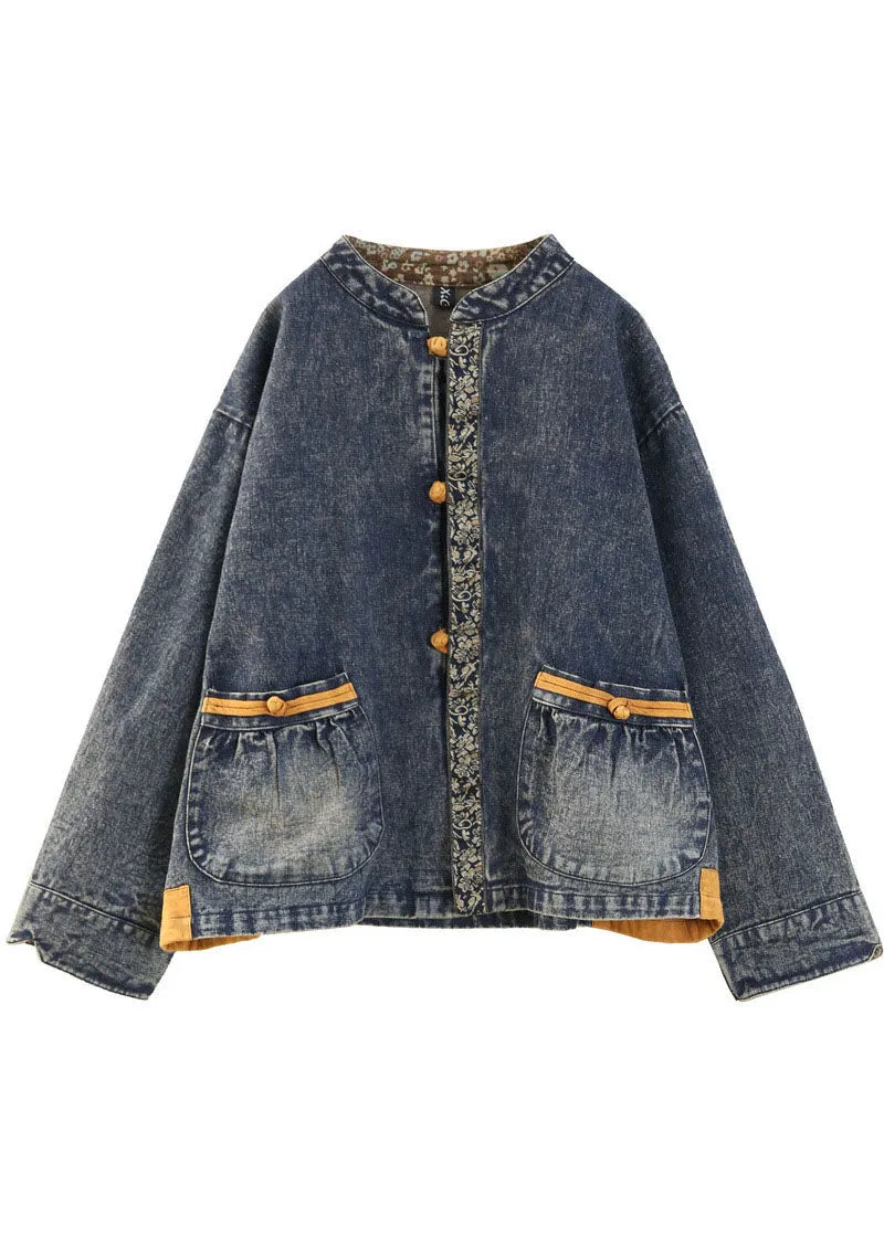 Blue Stand Collar Oriental Button Pockets Patchwork Cotton Denim Coat Outwear Long Sleeve