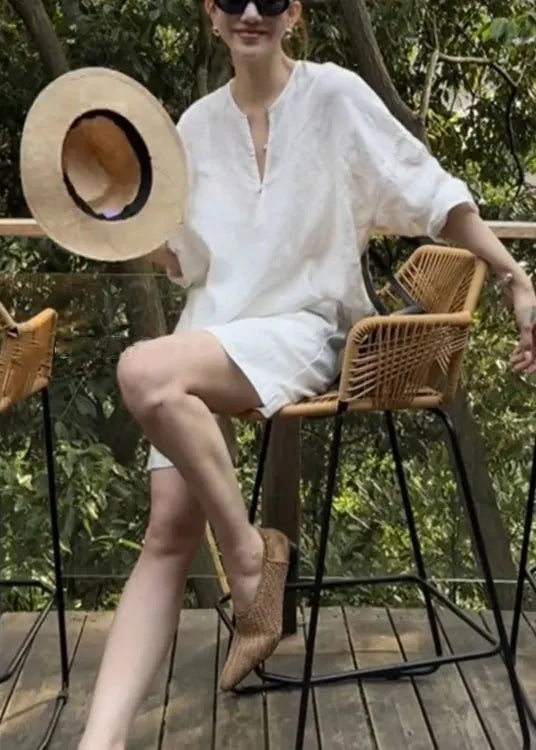 White Button Shirts and Pockets Shorts Cotton Two Pieces Set Summer