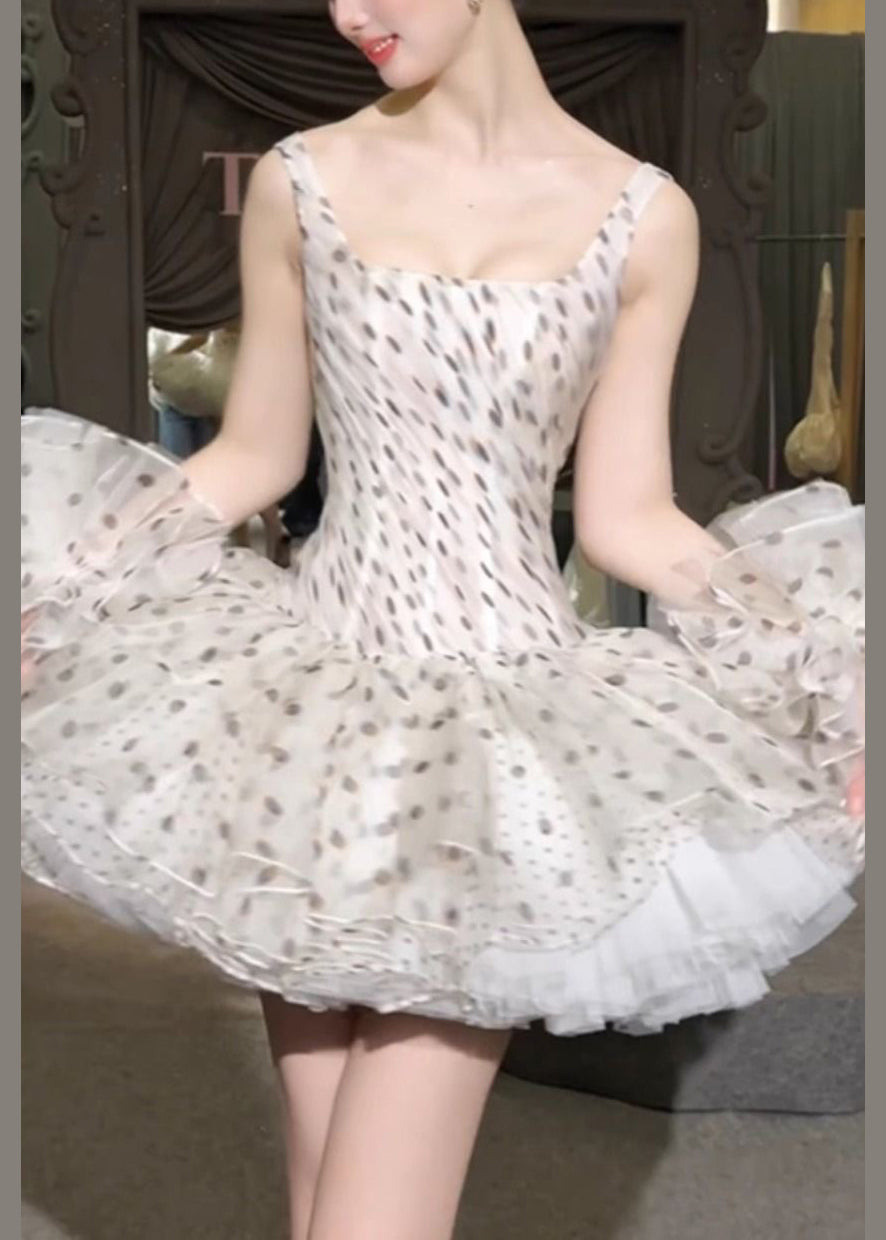 White Square Collar Dot Chiffon Mini Dresses Sleeveless