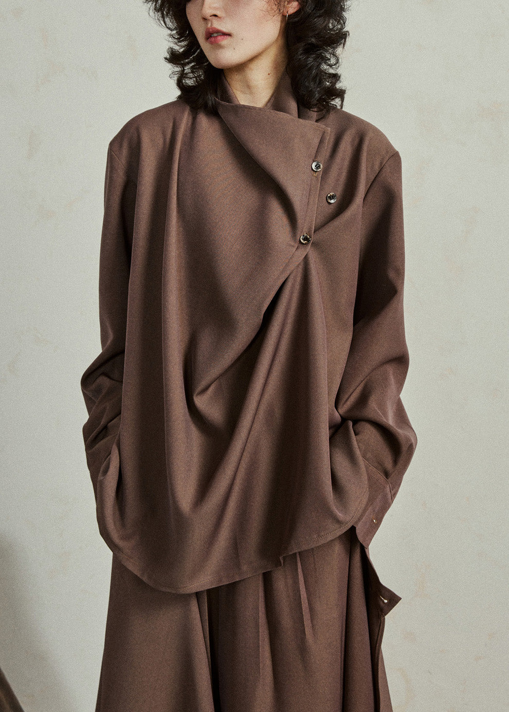 Fine Coffee Asymmetrical Button Cotton Shirt Lantern Sleeve Spring