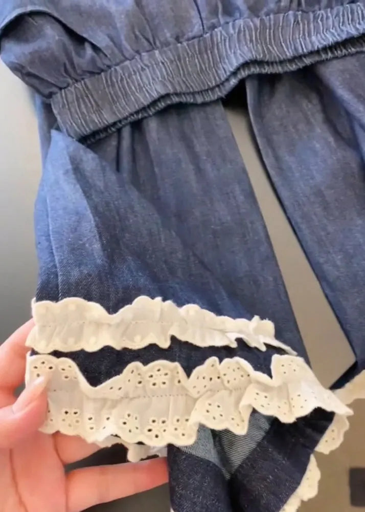 Navy Pockets Lace Patchwork Denim Wide Leg Pants Fall