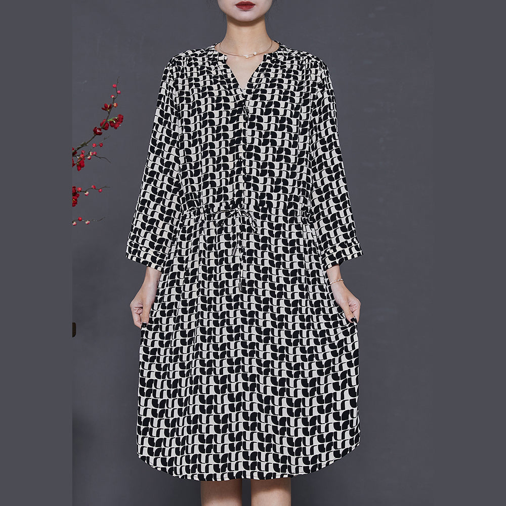Black Cinched Print Silk Mid Dress Summer