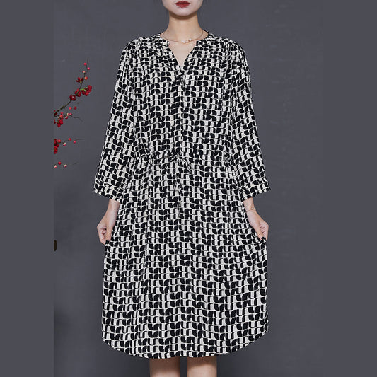 Black Cinched Print Silk Mid Dress Summer