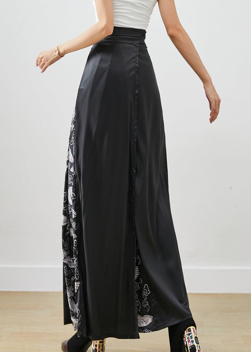 Stylish Black Tie Waist Patchwork Silk a Line Skirts Fall