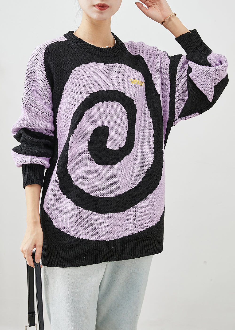Purple Oversized Print Knit Sweaters Winter