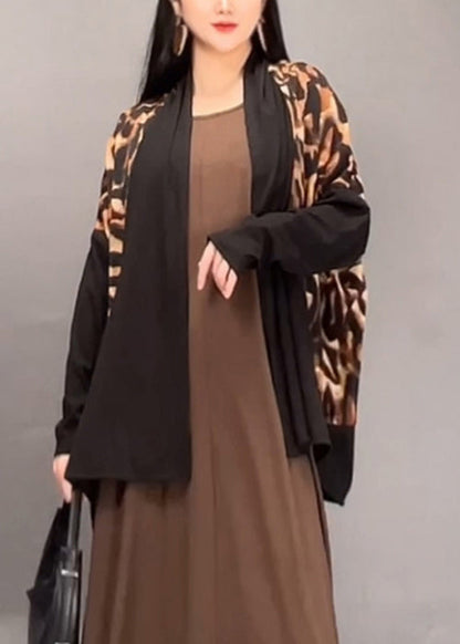 Leopard V Neck Patchwork Cotton Cardigan Fall