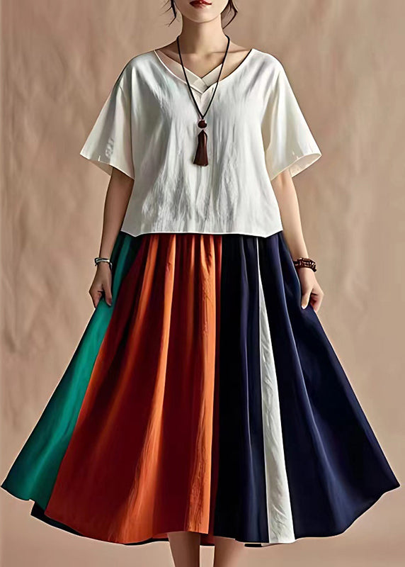 Fine V Neck Patchwork Cotton Two Pieces Set Summer