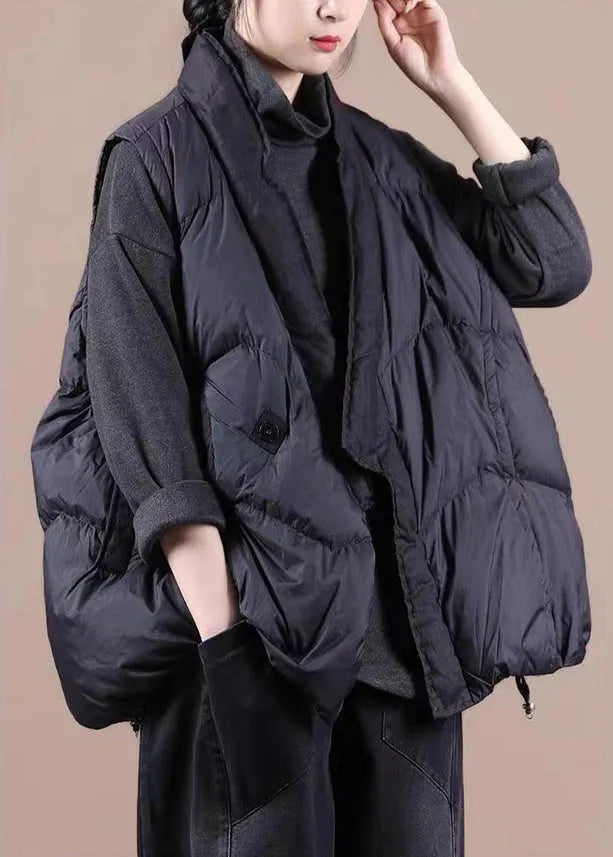 Black V Neck Pockets Patchwork Duck Down Waistcoat Sleeveless