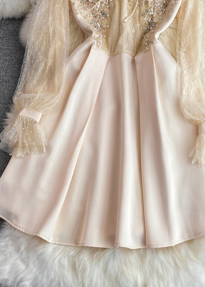 Apricot Stand Collar Tulle Patchwork Nail Bead a Line Maxi Dresses Long Sleeve