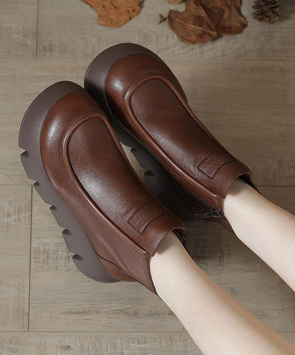 Brown Zippered Platform Cowhide Leather Boots Splicing Boots