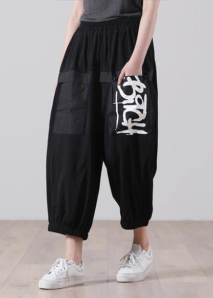 Simple Black Graphic Pockets Pants Summer Cotton