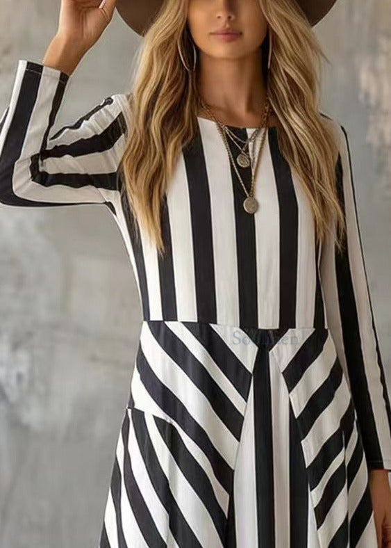 White Stripes Cotton Dresses Pockets Patchwork Spring