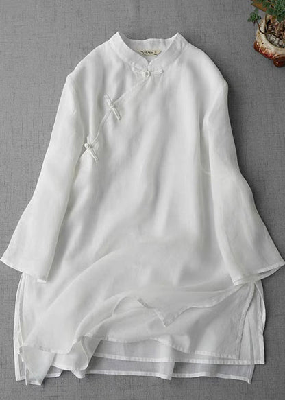 Yellow Stand Collar Chinese Button Linen Shirt Bracelet Sleeve
