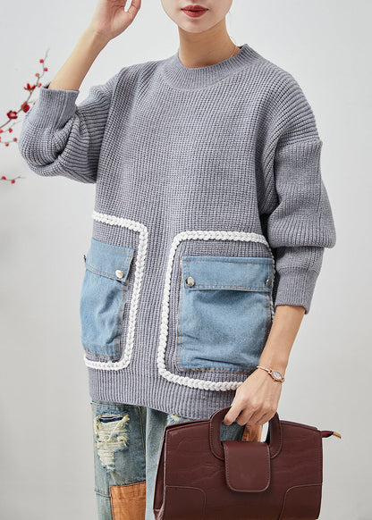 Grey Oversized Patchwork Pockets Knit Sweater Tops Winter