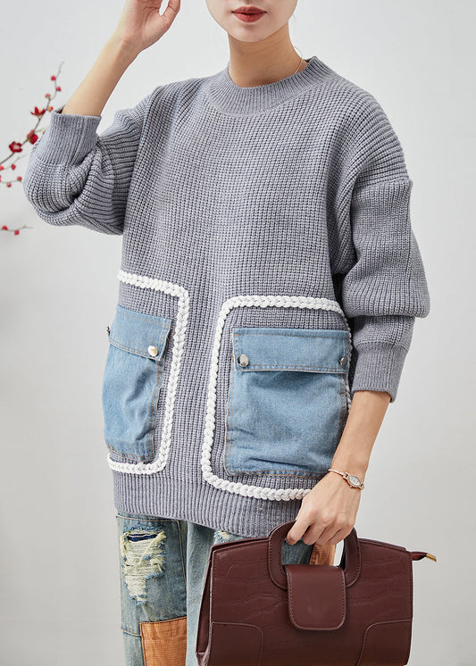 Grey Oversized Patchwork Pockets Knit Sweater Tops Winter