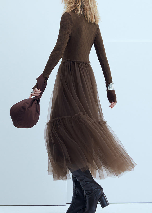 Brown Peter Pan Collar Tulle Patchwork Knit Dress Fall