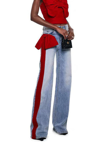 Red Pockets Bow Patchwork Denim Pants Fall
