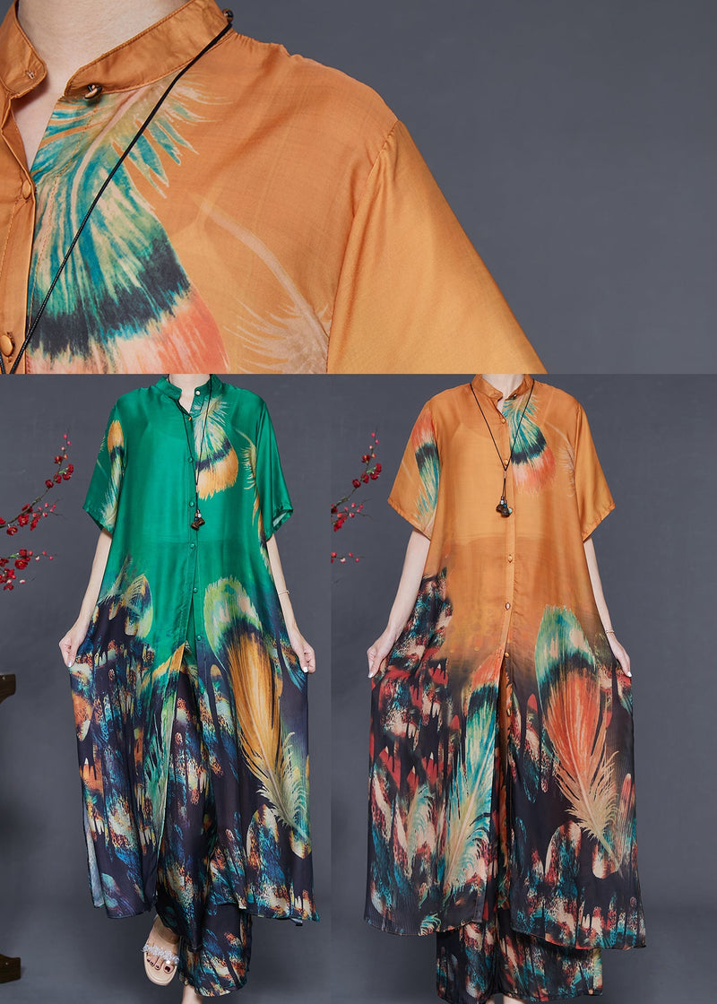 Green Oversized Print Silk Two Piece Suit Set Summer
