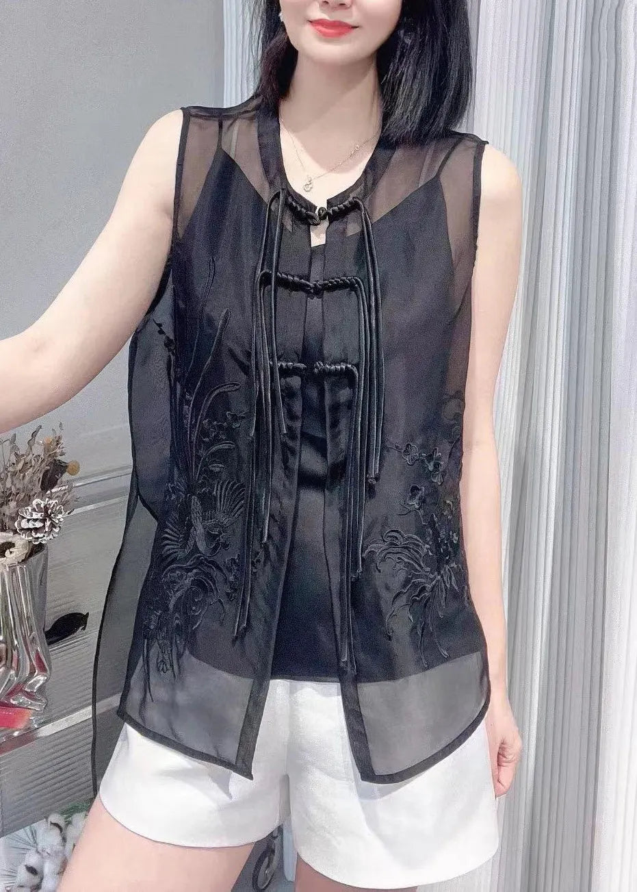 Vogue Black O-neck Embroideried Button Silk Waistcoat Summer