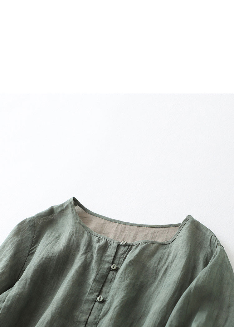 Green Patchwork Cotton Shirts O Neck Bracelet Sleeve