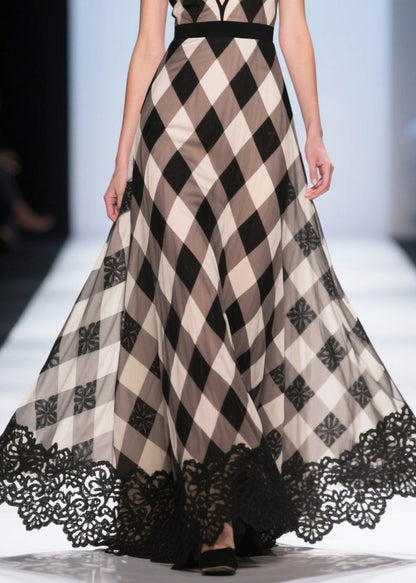 Colorblock Plaid Patchwork Lace Chiffon Evening Dress Summer