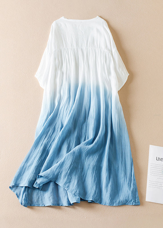 Original Blue Gradient O Neck Wrinkled Cotton Long Dress Half Sleeve