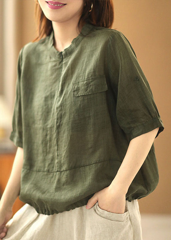 Stylish Army Green O-neck Zip Up Patchwork Linen Blouse Top Short Sleeve