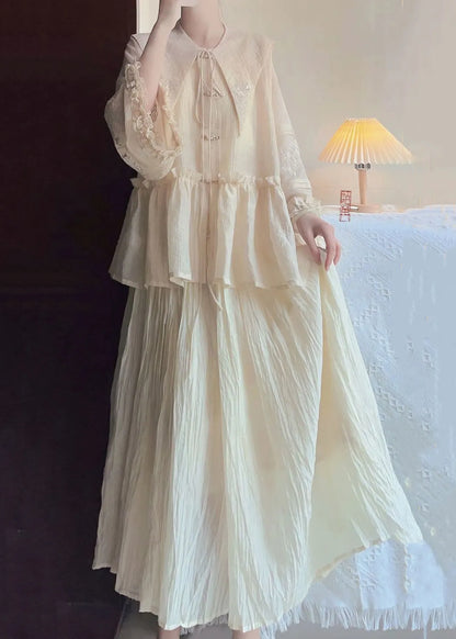 Art Beige Peter Pan Collar Ruffled Shirts and Skirts Cotton Two Pieces Set Spring