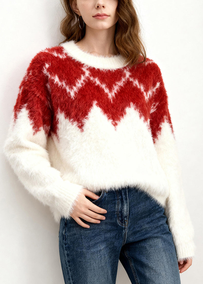 White Red Patchwork O-neck Print Cotton Knitted Sweater Long Sleeve