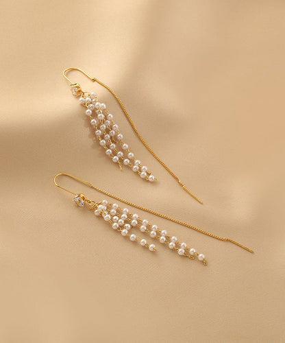 Gold Sterling Silver Alloy Pearl Tassel Drop Earrings