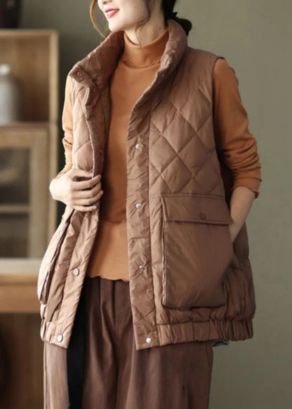 Coffee Stand Collar Pockets Patchwork Duck Down Waistcoat Sleeveless