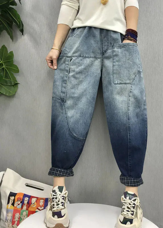 Black Pockets Gradient Color Denim Pants Spring