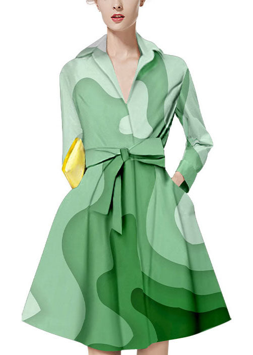 Italian Green Tie Waist Peter Pan Collar Print Shirt Dresses Long Sleeve