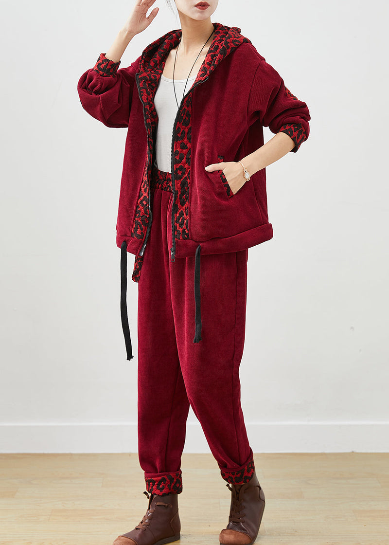 Mulberry Hooded Patchwork Leopard Warm Fleece Two Pieces Set Winter
